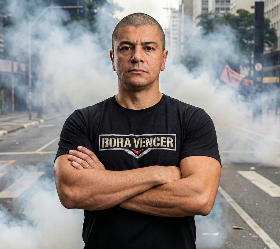 Treinador José Antonio, de braços cruzados, com a camiseta Bora Vencer